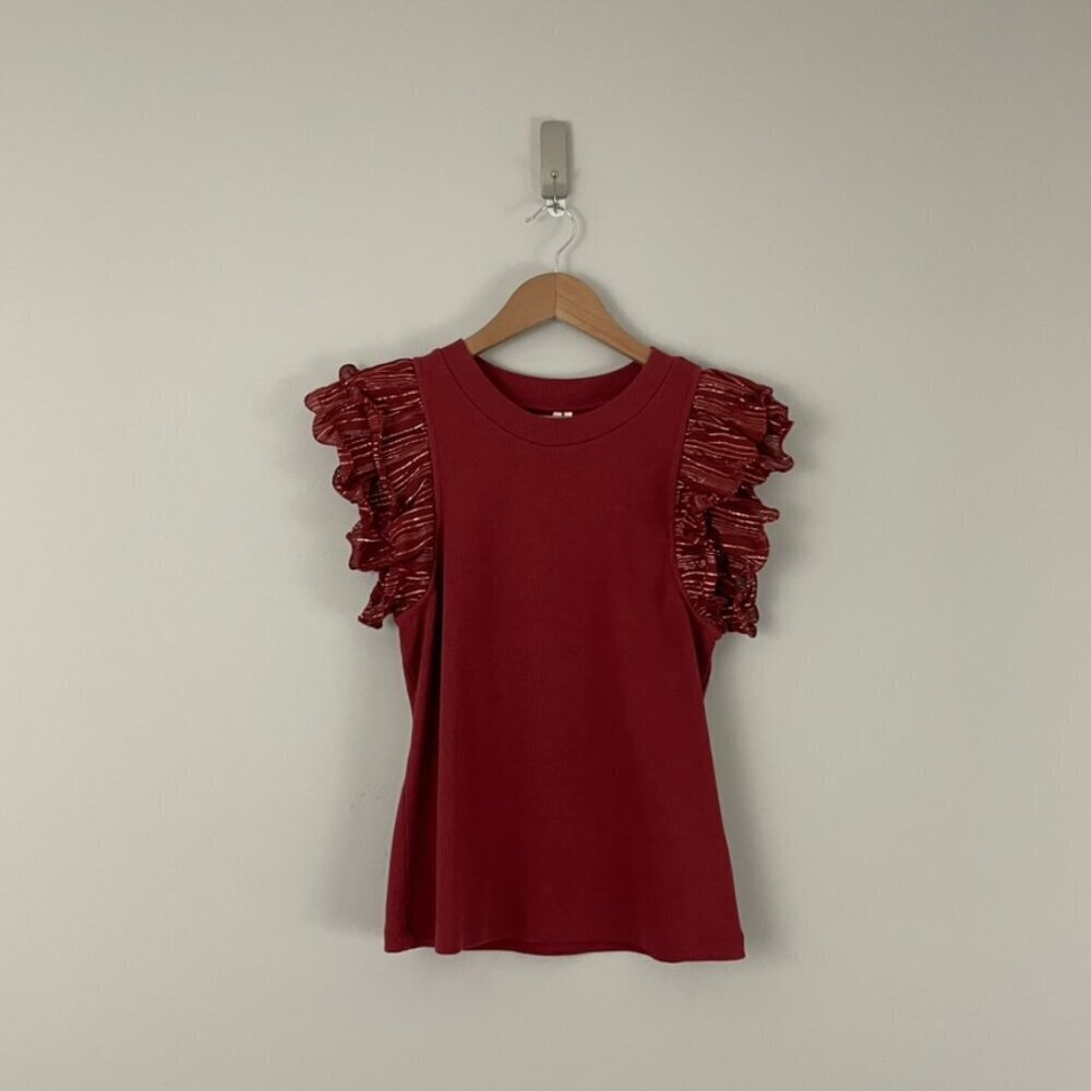 Anthropologie Red Lurex Metallic Ruffle Sleeve Tank Size Medium